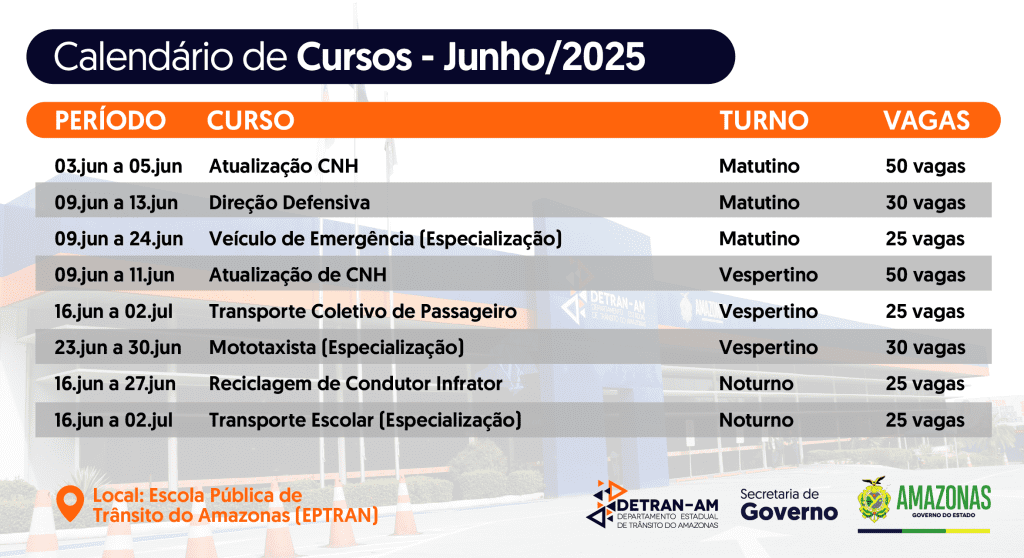 Detran-AM: Escola Pública de Trânsito disponibiliza 260 vagas para cursos gratuitos no mês de junho 5 CALENDARIO CURSOS JUN25 01 1024x558 1