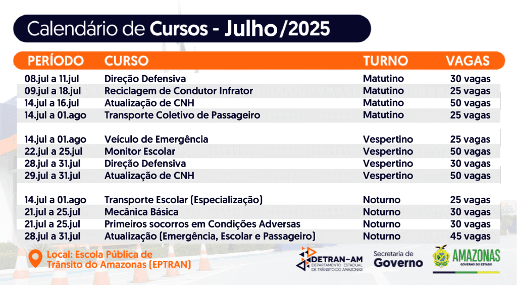 Detran-AM: Escola Pública de Trânsito disponibiliza 415 vagas para cursos gratuitos no mês de julho 5 Detran AM Cursos Eptran Calendario Cre769 ditos Divulgac807 a771 o Detran AM 1024x565 1