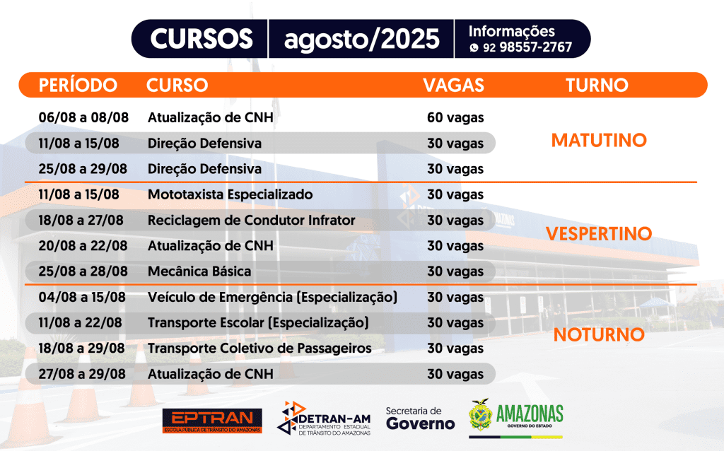Detran-AM: Escola Pública de Trânsito disponibiliza 360 vagas para cursos gratuitos em agosto Informe Manaus Detran AM Cursos EPTRAN CALENDARIO Arte Divulgacao Detran AM 1024x638 1